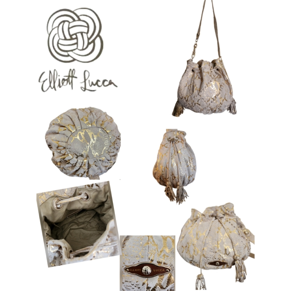 ELLIOT LUCCA TAN SUEDE WITH  ABSTRACT GOLD PRINT DESIGNER SHOULDER BAG